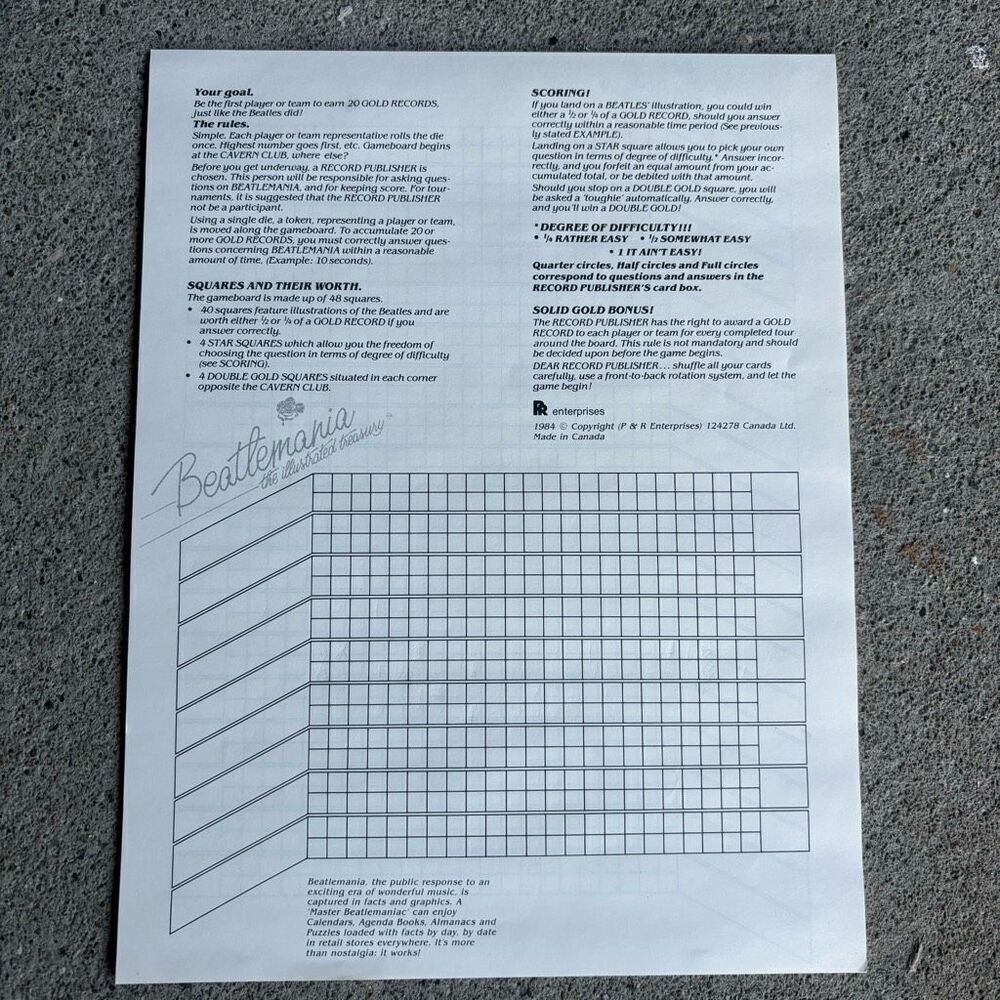 Beatlemania The Illustrated Treasury 11 Blank Score Sheets Only